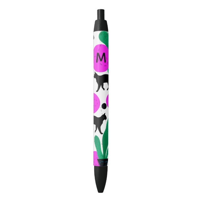 Modern Black Cat and Cactus Pattern Monogram Pen (Front Vertical)
