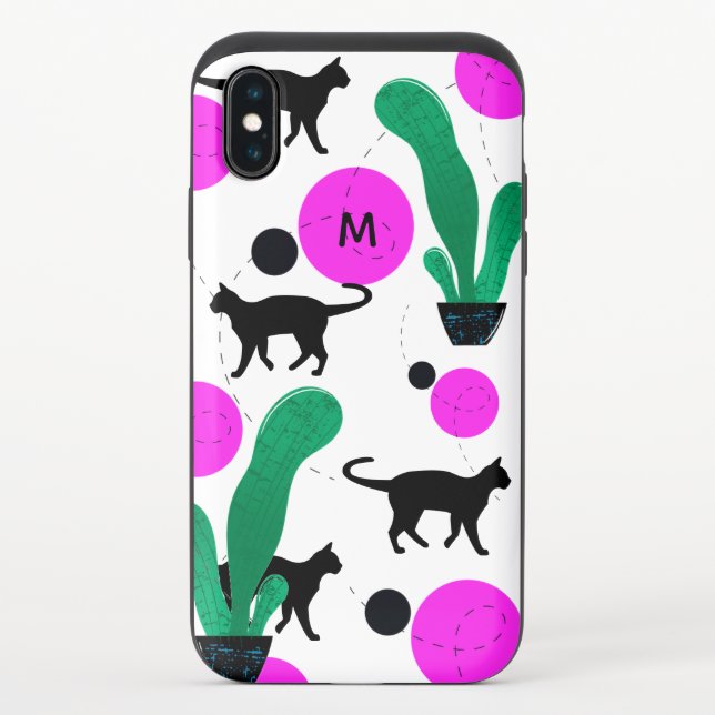 Modern Black Cat and Cactus Pattern Uncommon iPhone Case (Back)