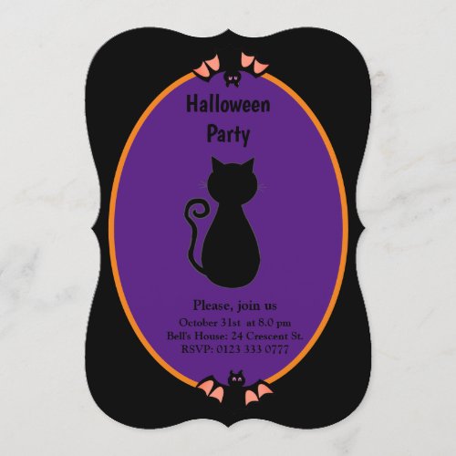 Modern Black Cat  Bats Halloween Invitation