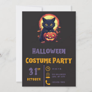Modern Black Cat & Jack-O' Lantern Black Halloween Invitation