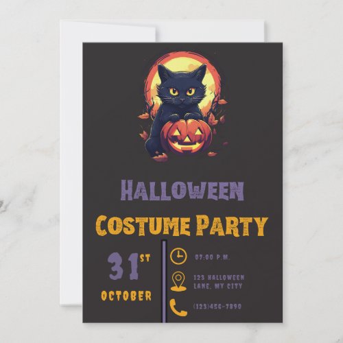 Modern Black Cat  Jack_O Lantern Black Halloween Invitation