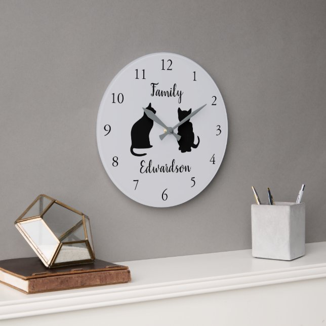 Modern black cat silhouettes family name large clock (Office)
