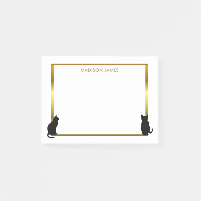 Modern black cat silhouettes gold frame post-it notes (Front)