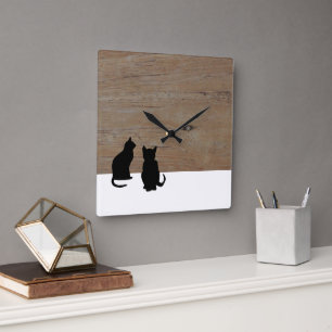 Modern black cat silhouettes, pets on wood square wall clock