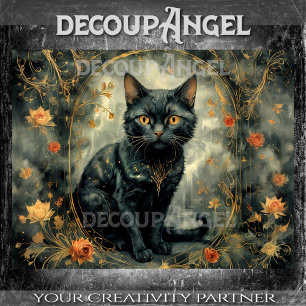 Modern Black Cat with Flowers -Decoupage- Tissue Paper