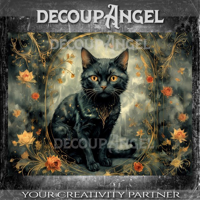 Modern Black Cat with Flowers -Decoupage- Tissue Paper (Creator Uploaded)