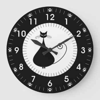 Modern Black Cat With Paw Prints Large Clock by kitandkaboodle at Zazzle