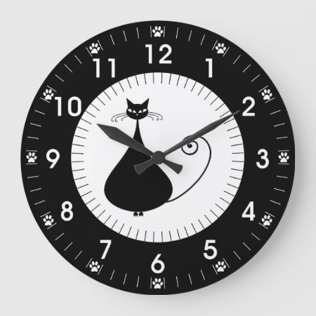 Modern Black Cat With Paw Prints Large Clock
