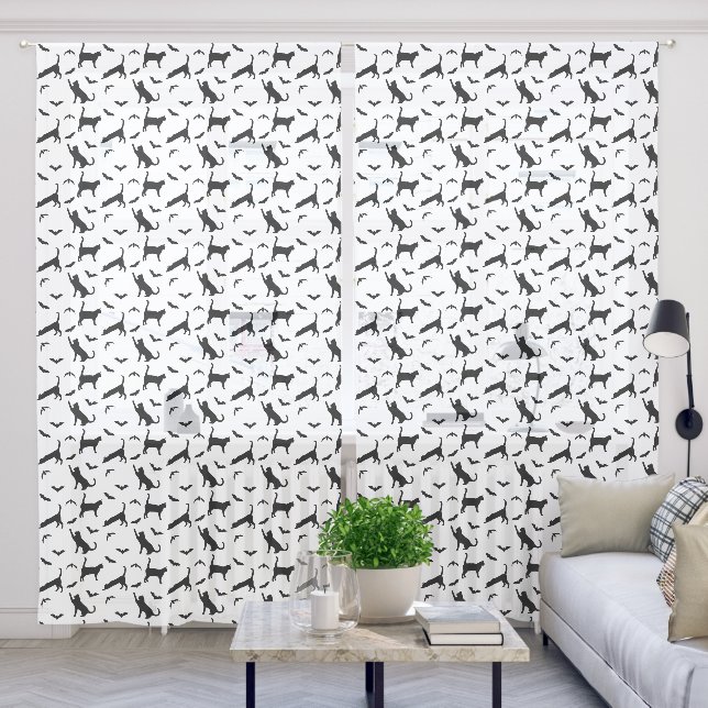 Modern Black Cats And Bats Pattern Cute Halloween Sheer Curtains (Living Room)