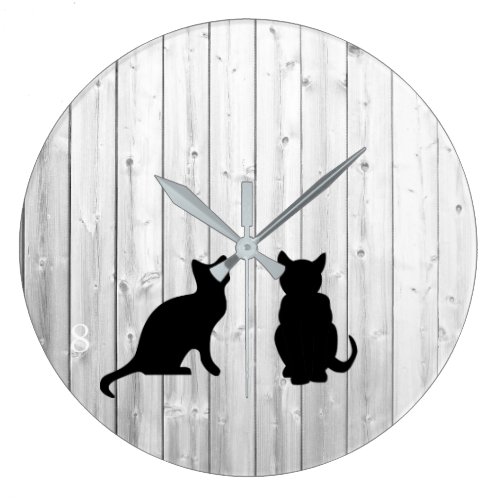 Modern black cats silhouettes on driftwood shiplap large clock