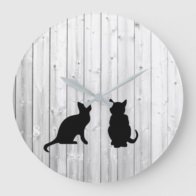 Modern black cats silhouettes on driftwood shiplap large clock (Front)