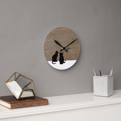 Modern black Cats silhouettes on wood Round Clock