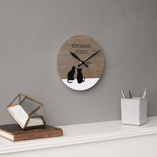 Modern black Cats silhouettes wood family name Round Clock