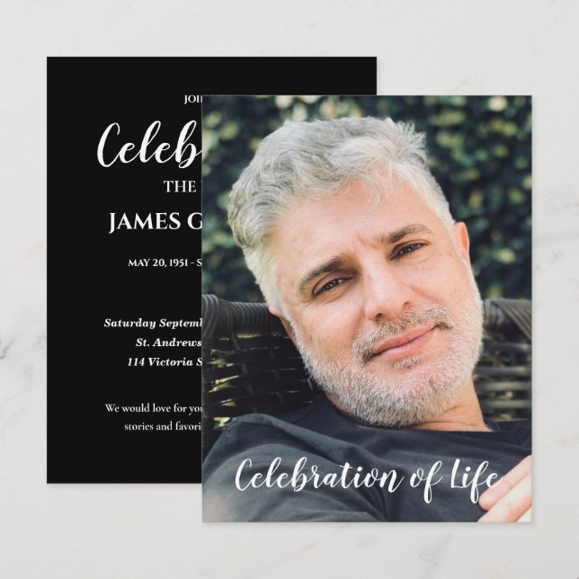 Modern Black Celebration of Life With Photo (Front/Back)