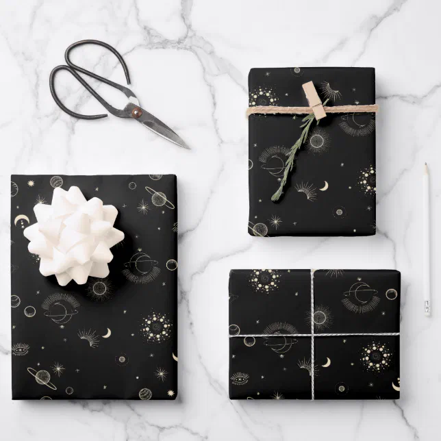 Modern Black Celestial Starry Night Wrapping Paper Sheets | Zazzle