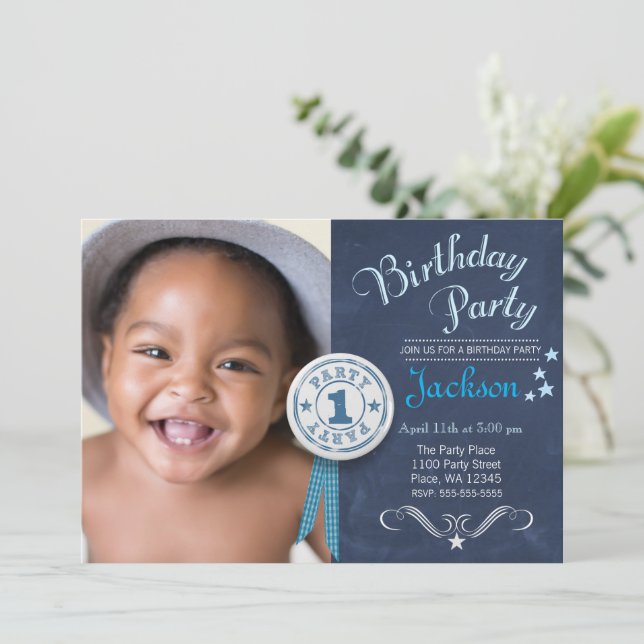 Modern Black Chalkboard First Birthday Party Boy Invitation (Standing Front)