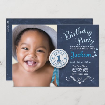 Modern Black Chalkboard First Birthday Party Boy Invitation