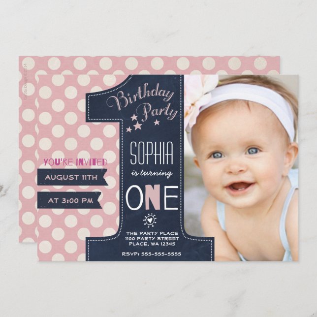Modern Black Chalkboard Pink Dot First Birthday Invitation (Front/Back)