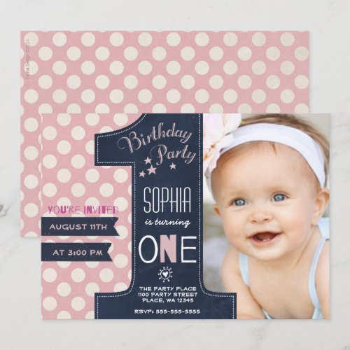 First Birthday Party Invitation Girl Chalkboard