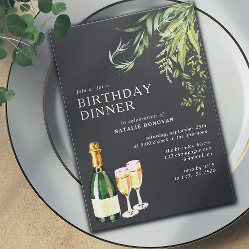 Modern Black  Champagne Greenery Birthday Dinner Invitation