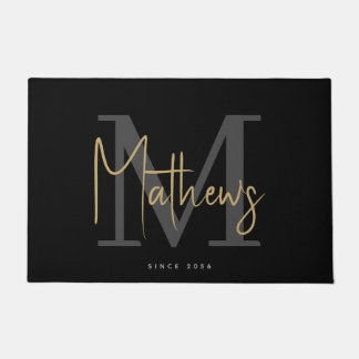 Modern Black Charcoal Gold Monogram Family Name Doormat