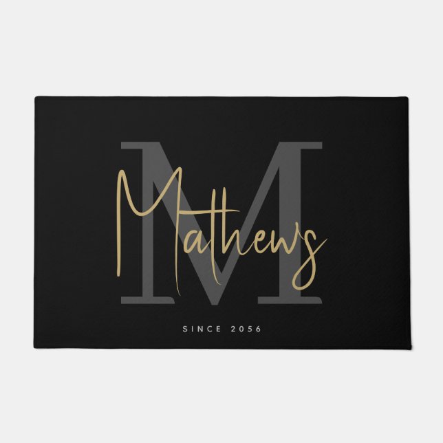 Modern Black Charcoal Gold Monogram Family Name Doormat (Front)