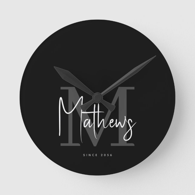 Modern Black Charcoal Gray Monogram Family Name Round Clock (Front)