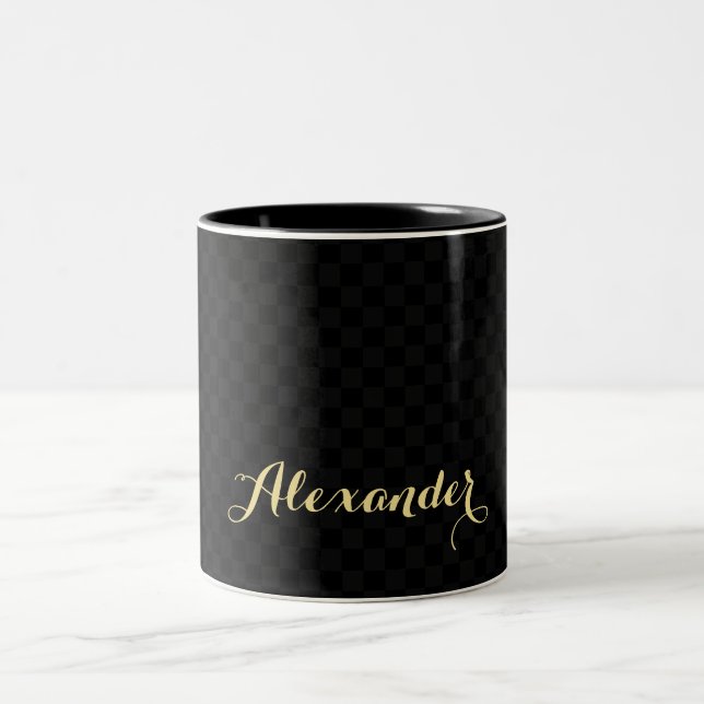 Modern Black Checkered Chic Elegant Faux Gold Name Two-Tone Coffee Mug (Center)