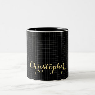 Modern Black Checkered Elegant Faux Gold Name Chic Two-Tone Coffee Mug