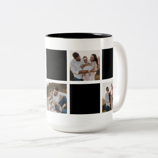 Modern Black Checkered Family Photo Collage Two-Tone Coffee Mug (Front Right)