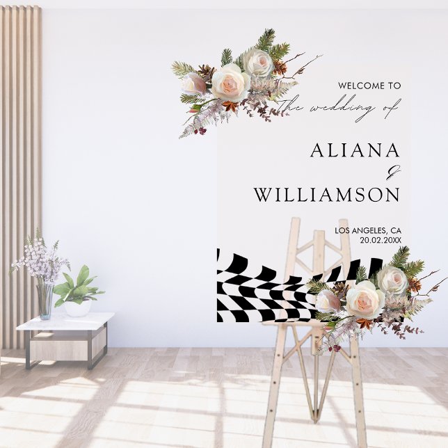 Modern Black checkered pattern Wedding Welcome Acrylic Sign (Creator Uploaded)