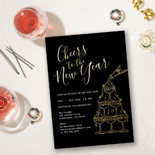 Modern Black Cheers to the New Year Party Foil Invitation