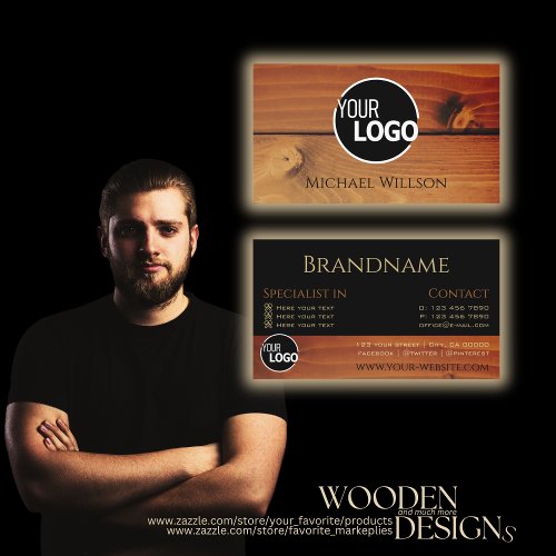 Modern Black Cherry Wood Grain Wooden Boards Logo Business Card