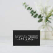 Modern black chic hair stylist script signature business card (Standing Front)