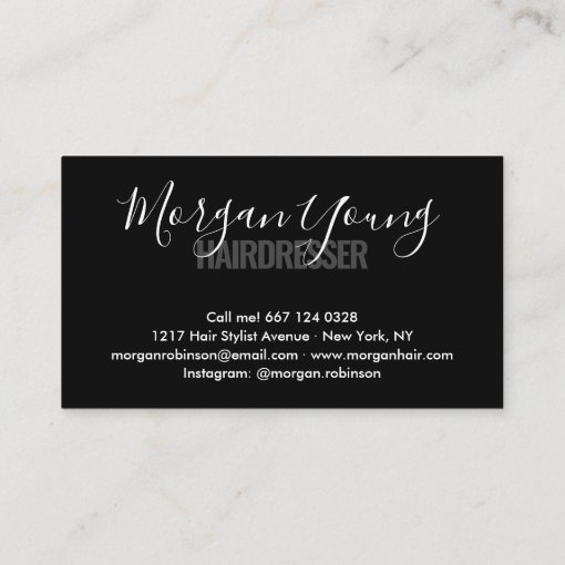 Modern black chic hair stylist script signature business card | Zazzle