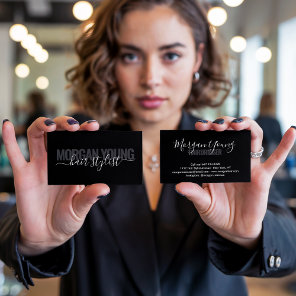 Modern black chic hair stylist script signature business card