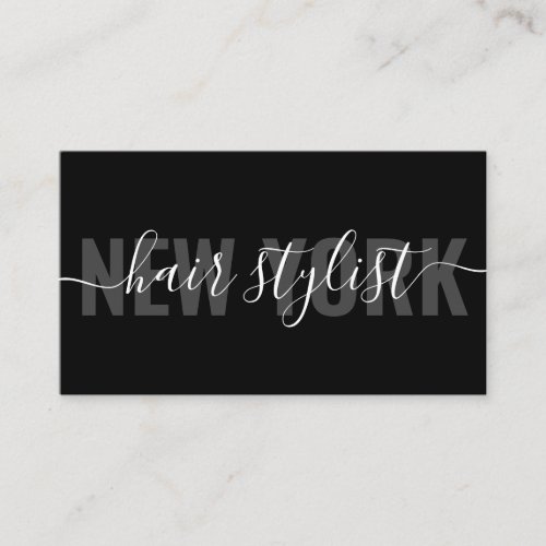 Modern black chic hair stylist script signature business card