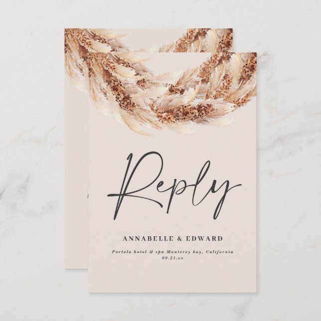 Modern black chic rustic pampas grass wedding RSVP (Front/Back)