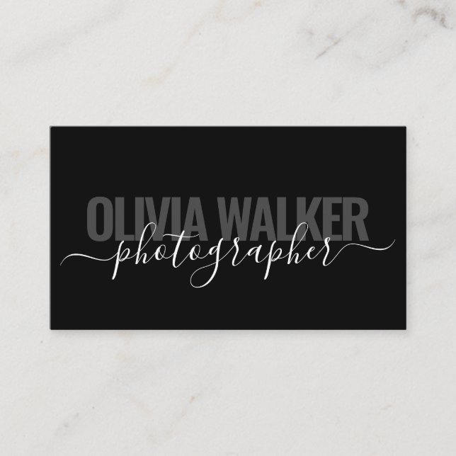Modern Black Chic Signature Script Photographer Business Card (Front)