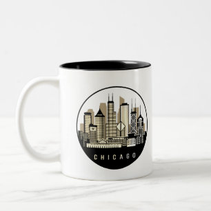 Modern Black Chicago Illinois Skyline Two-Tone Coffee Mug
