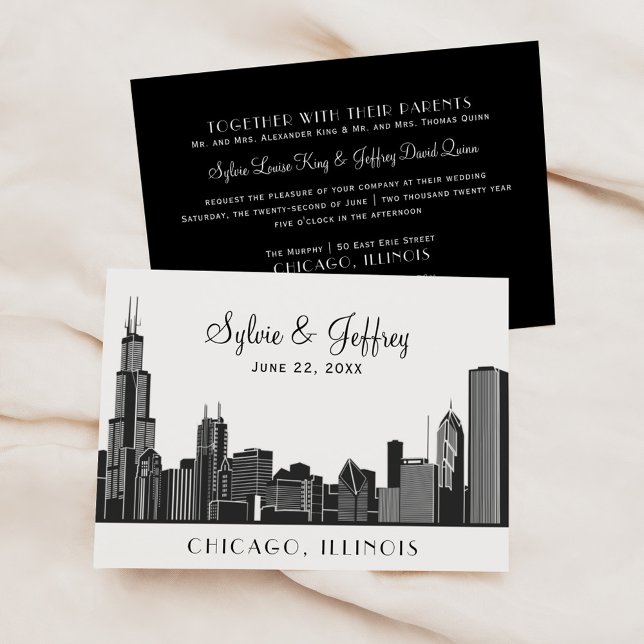 Modern Black Chicago Skyline Wedding Invitation (Creator Uploaded)