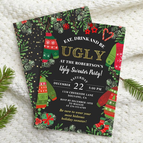 Modern Black Christmas Holiday Ugly Sweater Party  Invitation