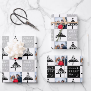 Modern Black Christmas Tree Family Photo  Wrapping Paper Sheets