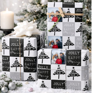 Modern Black Christmas Tree Family Photo  Wrapping Paper Sheets