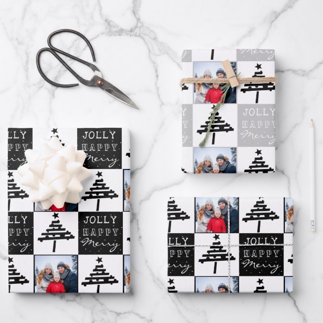 Modern Black Christmas Tree Family Photo  Wrapping Paper Sheets (Front)