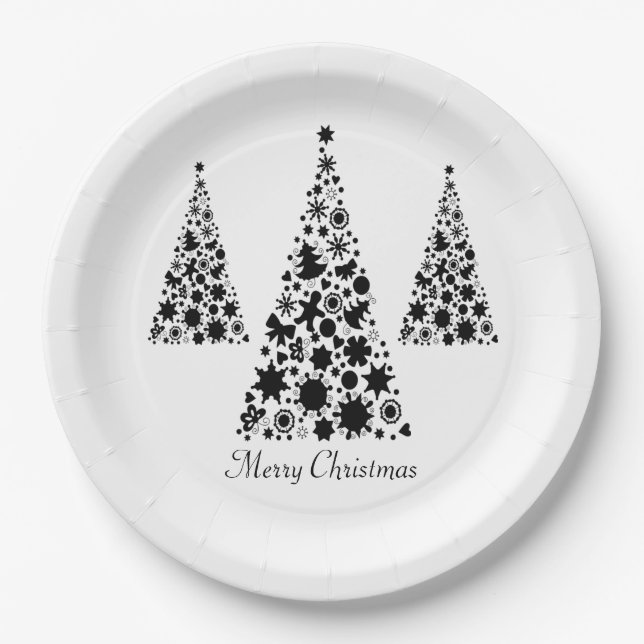 Modern Black Christmas Tree Paper Plates (Front)
