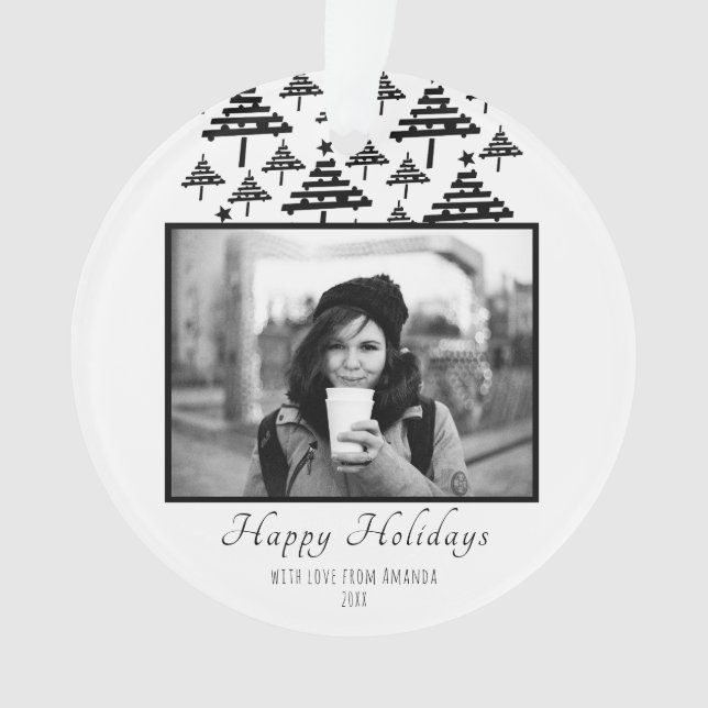 Modern Black Christmas Tree Photo Holiday Ornament (Front)