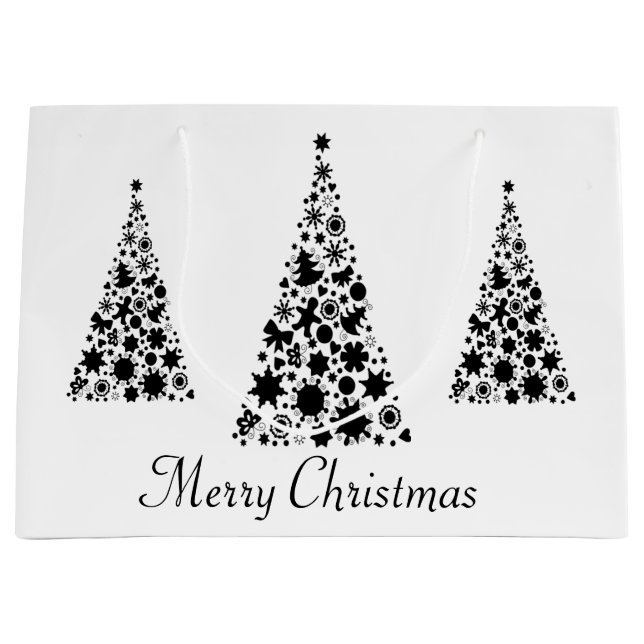 Modern Black Christmas Tree White Background Large Gift Bag (Front)