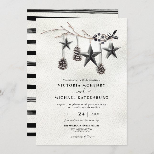 Modern Black Christmas winter wedding branch Invitation (Front/Back)