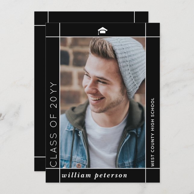 Modern black Class of 2025 graduation photo Announcement (Front/Back)